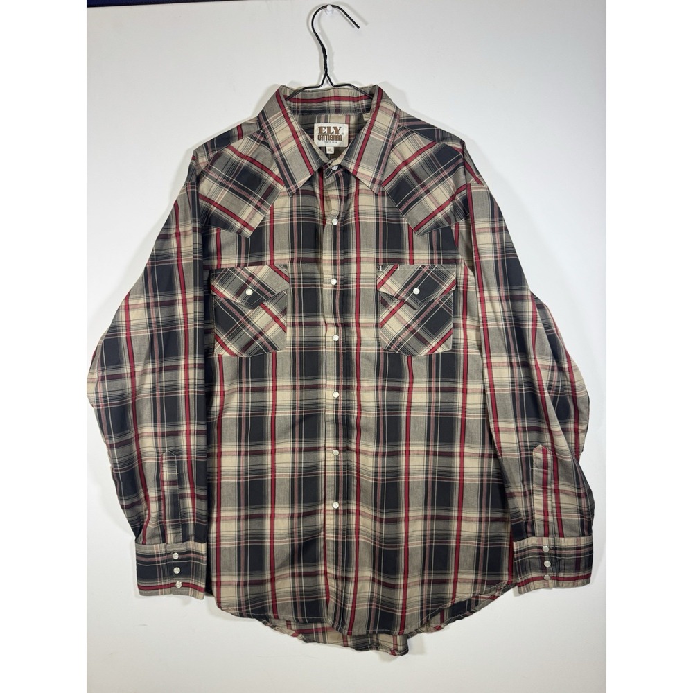 Ely Cattleman Western Pearl Snap plaid Button‎ Shirt Long Sleeve Plaid size XL